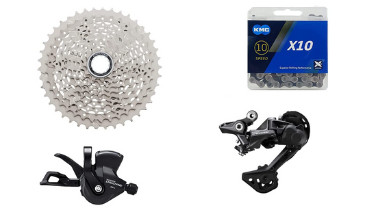 JGbike Compatible 10 Speed MTB 4pc groupset for Shimano Deore M4100: Right Shift Lever,Long cage Rear Derailleur, 11-42T Cassette or 11-46T Cassette, KMC X10 Chain